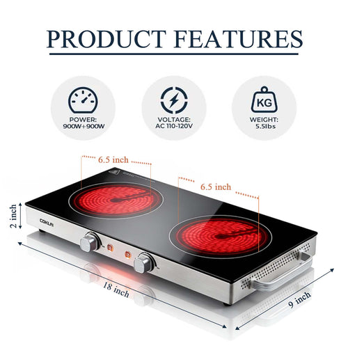 COKLAI 1800W Double Burner Infrared Ceramic Hot Plate, Portable Electric Cooktop with Knob Control, Compatible with All Cookware, Fast Heating Countertop Stove with Cool-Touch Handles for Home, Dorm & Camping