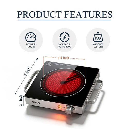COKLAI 1200W Portable Electric Hot Plate, Stainless Steel Electric Stove with Adjustable Temperature Control, Easy-to-Clean Countertop Burner for Kitchen, Dorm, Office & Camping