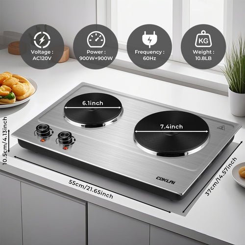 Coklai 1800W Portable Double Burner Hot Plate, Stainless Steel Countertop Electric Cooktop with Dual Cast Iron Heating Plates, Easy to Clean.