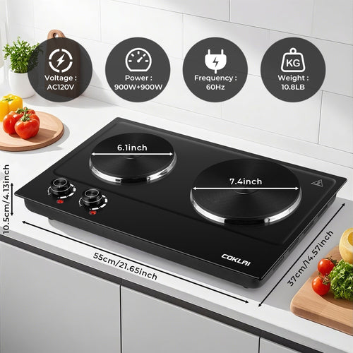 Coklai 1800W Portable Double Burner Hot Plate, Stainless Steel Countertop Electric Cooktop, Easy-to-Clean Silver Design, 2026 Version.
