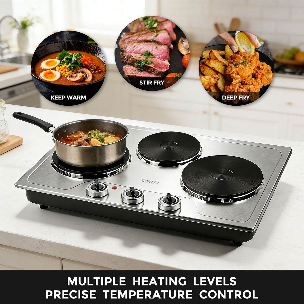 COKLAI 1800W Triple Burner Electric Hot Plate, Portable Cast Iron Cooktop with Independent Temperature Controls, Stainless Steel Countertop Stove for Slow Cooking, Simmering & All Cookware