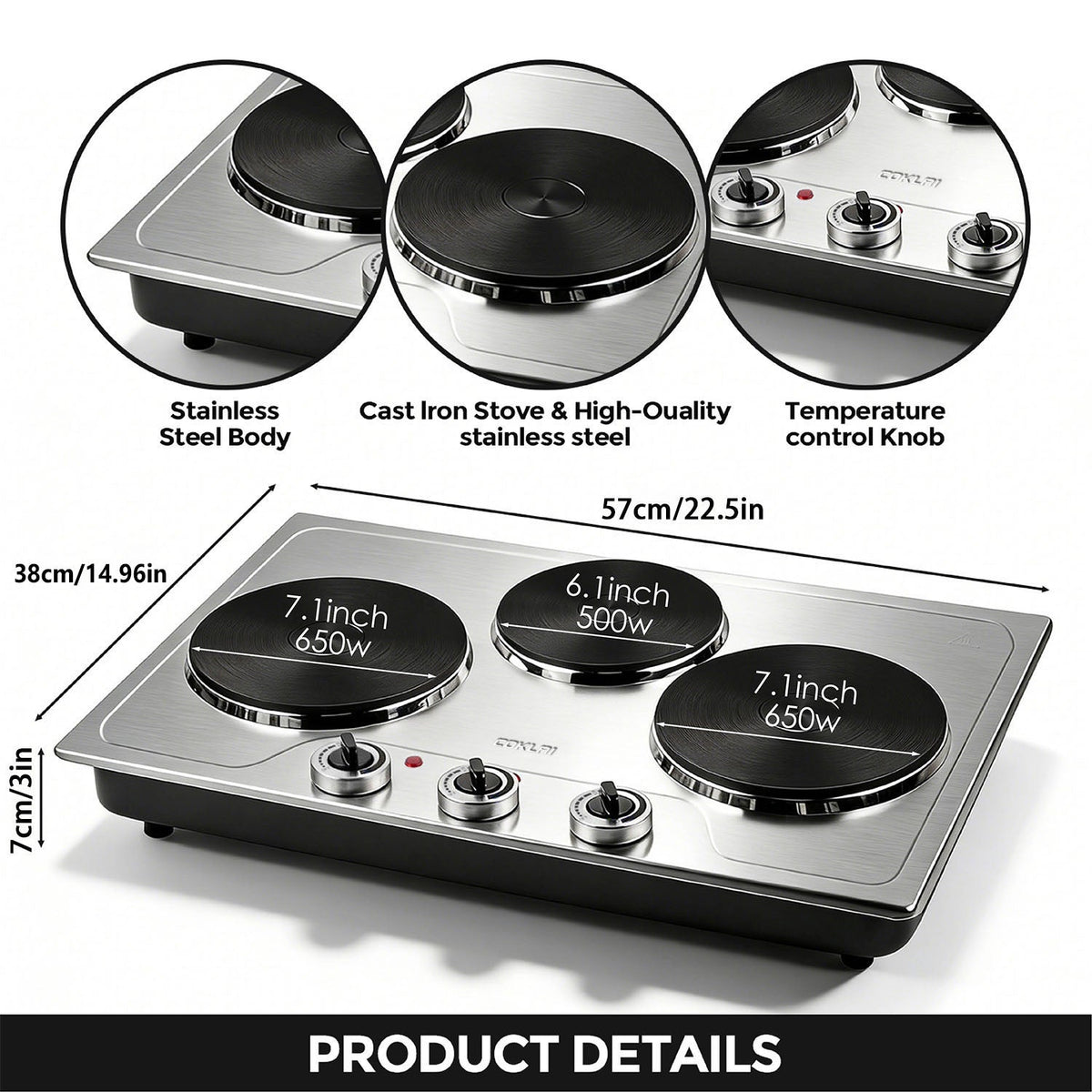 COKLAI 1800W Triple Burner Electric Hot Plate, Portable Cast Iron Cooktop with Independent Temperature Controls, Stainless Steel Countertop Stove for Slow Cooking, Simmering & All Cookware