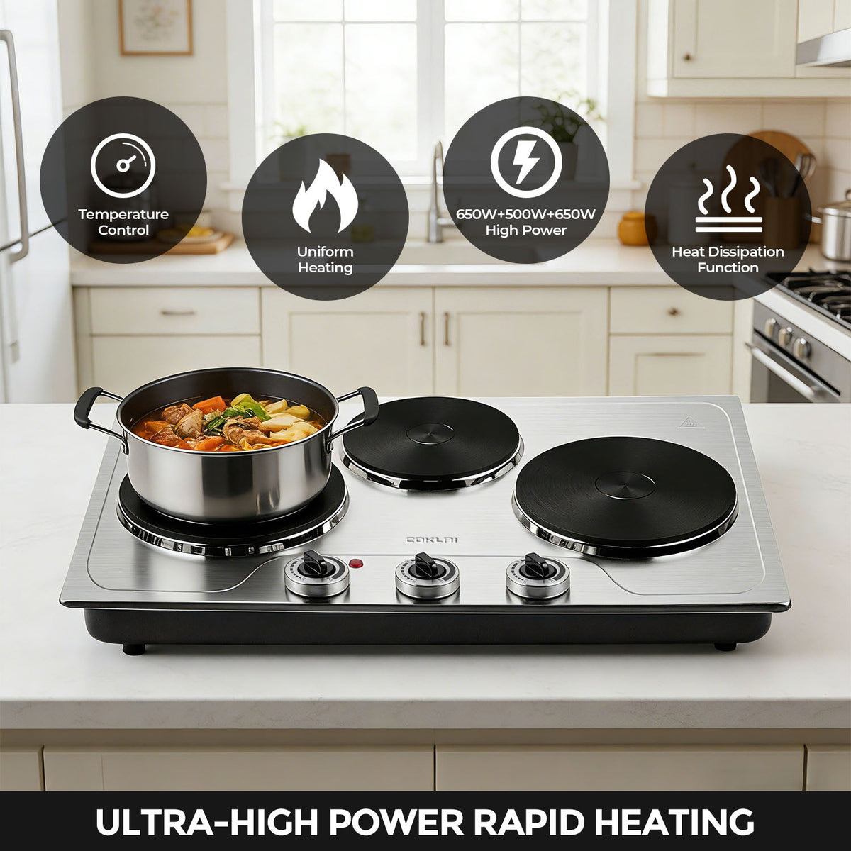 COKLAI 1800W Triple Burner Electric Hot Plate, Portable Cast Iron Cooktop with Independent Temperature Controls, Stainless Steel Countertop Stove for Slow Cooking, Simmering & All Cookware