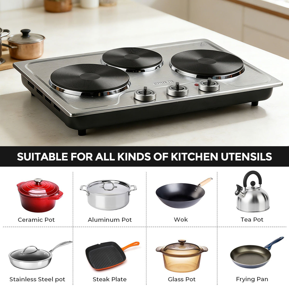 COKLAI 1800W Triple Burner Electric Hot Plate, Portable Cast Iron Cooktop with Independent Temperature Controls, Stainless Steel Countertop Stove for Slow Cooking, Simmering & All Cookware